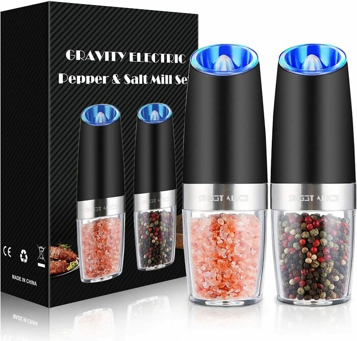 Black Electric Salt And Pepper Grinders near a box 
