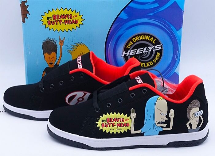 Black Heelys shoes with red lining featuring Beavis and B**t-Head characters, highlighting nostalgic big trends in footwear fashion.