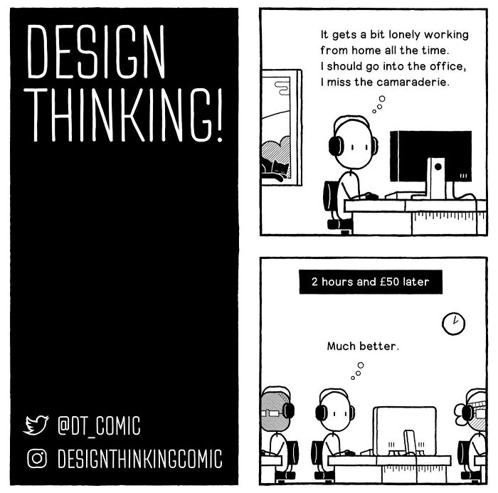 Comic illustrating a product designer's remote work loneliness and office return for better camaraderie and focus.