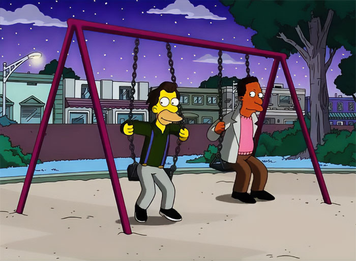 Cartoon couple sitting on swings in a park under a starry sky.