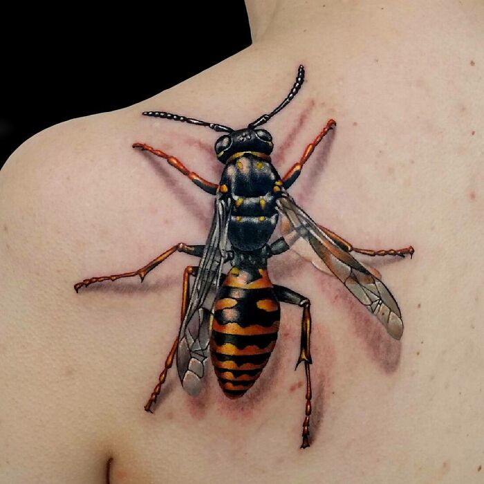 Optical illusion tattoo of a realistic wasp on shoulder, showcasing eye and mind-bending design.
