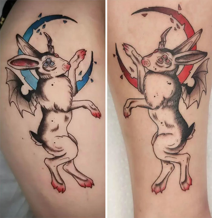 Unique brother and sister tattoos featuring whimsical jackalopes with blue and red accents.
