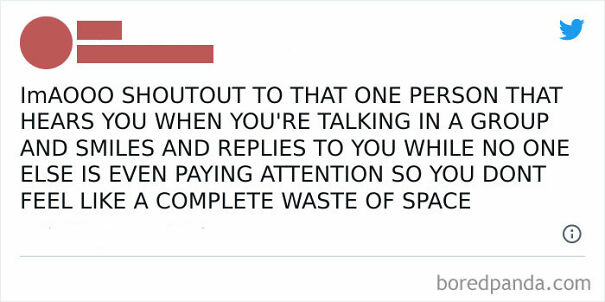 Social anxiety meme about feeling heard in a group when one person listens and replies, offering comfort and validation.