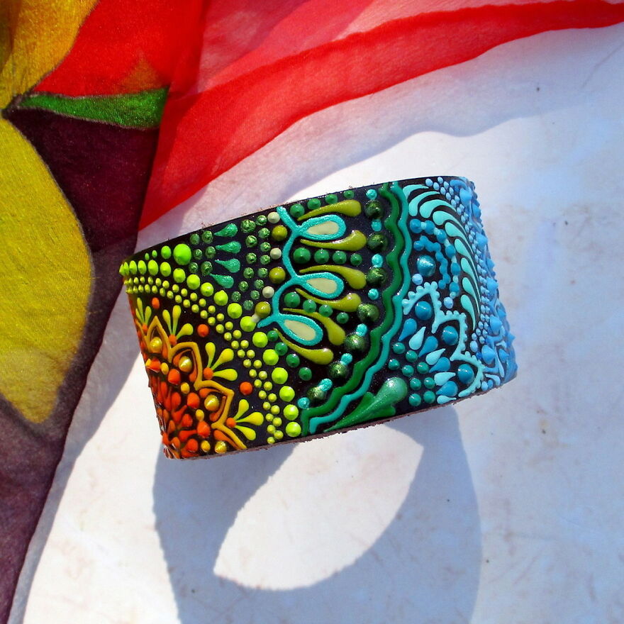 I Painted These Leather Cuff Bracelets With Acrylic Paints Using The Dot Art Technique.