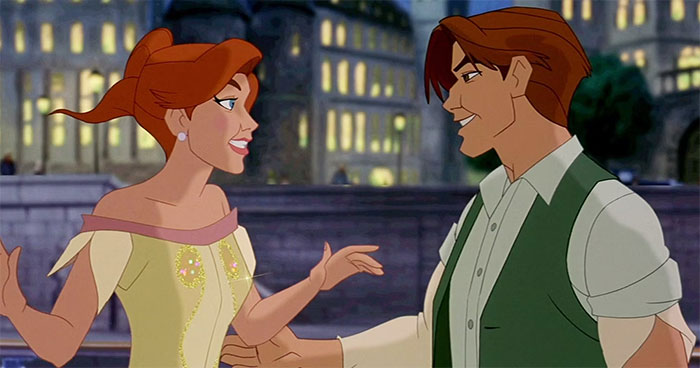 Cartoon couple smiling at each other, dressed elegantly, standing in an animated cityscape.