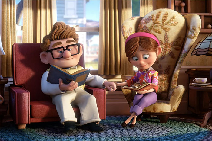 Cartoon couple sitting together, reading books in a cozy living room.