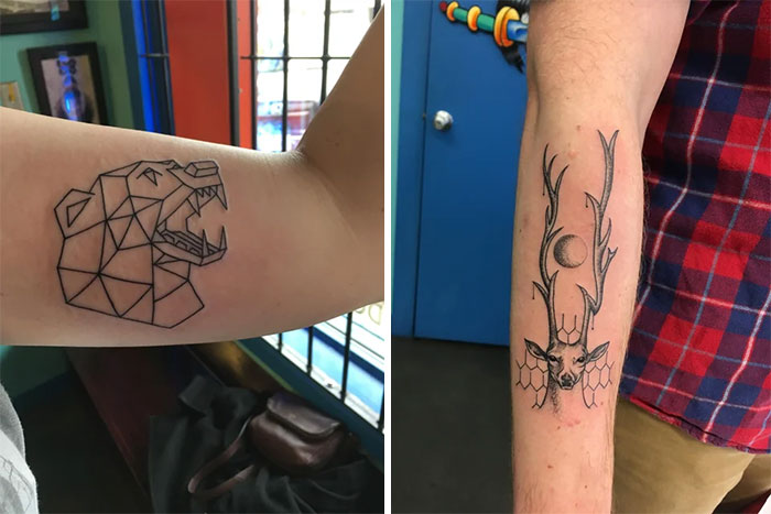 Brother and sister tattoos with a geometric bear on one arm and a deer with antlers on the other.