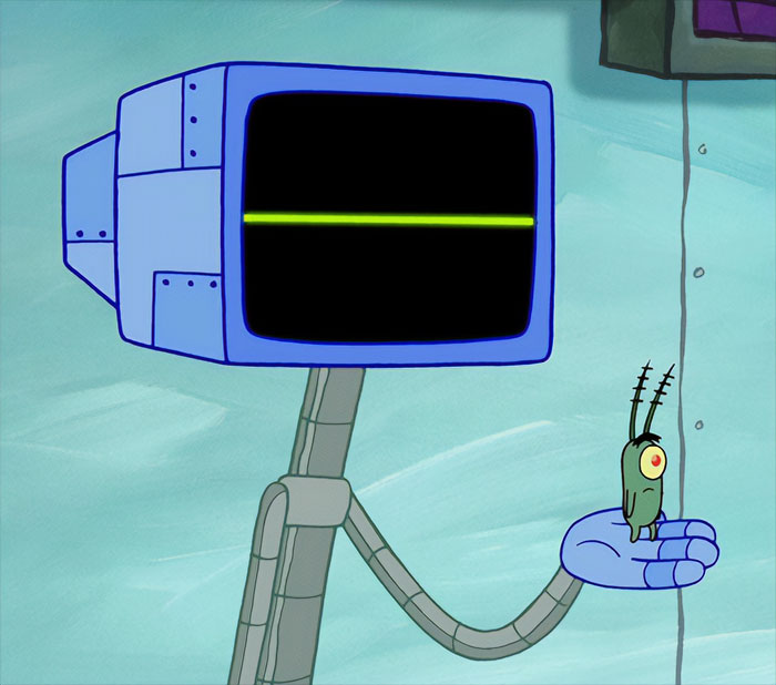 Cartoon couple with a robotic screen and small green character showing love.