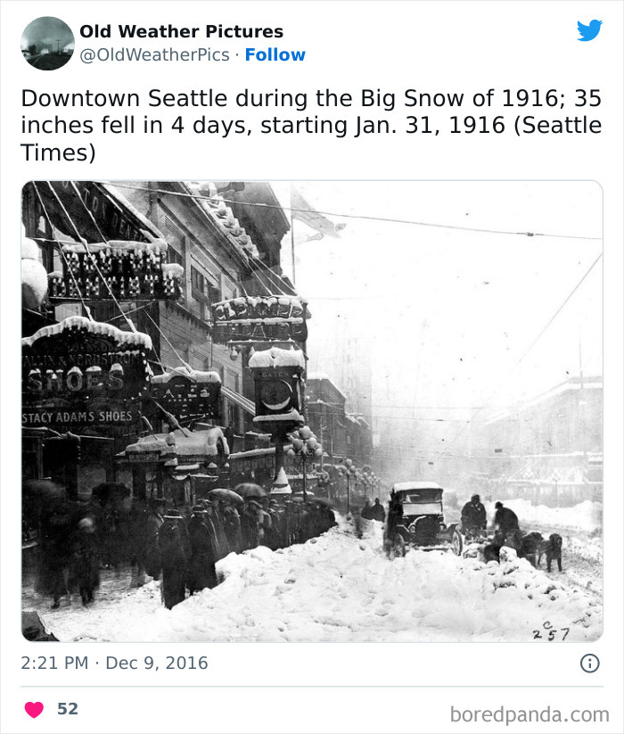 Historic extreme weather in Seattle, 1916 Big Snow with heavy snowfall covering streets and people walking through.