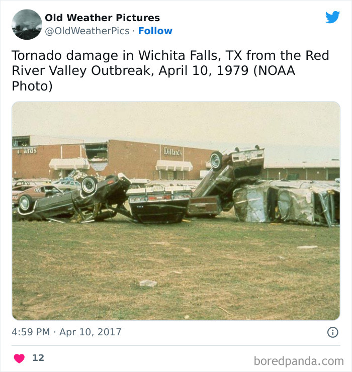 Tornado damage with overturned cars near a shopping center, illustrating extreme and crazy weather examples from the past.