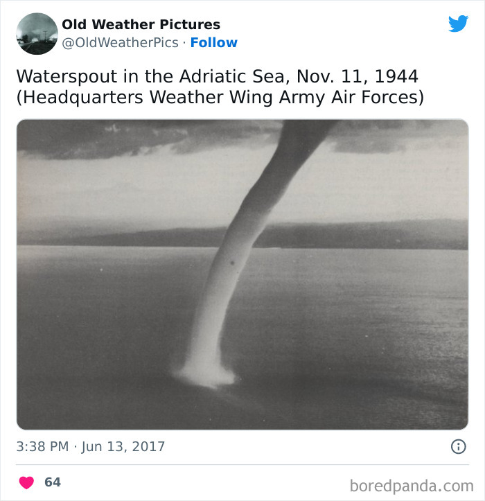 Black and white photo of a waterspout in the Adriatic Sea, showcasing extreme and crazy weather examples from history.
