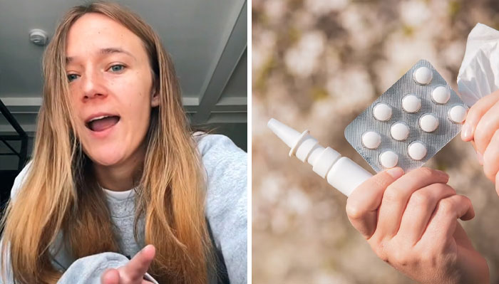 TikToker from New Zealand discussing culture shock after relocating to the US with medicine and tissues in hand.