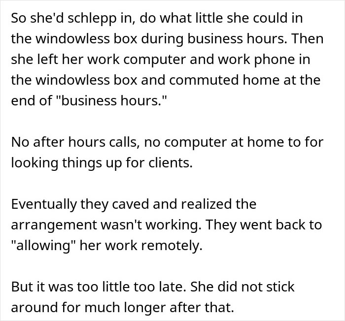 Boss Doesn't Allow Employees To Work From Home Under Any Circumstances, So They Make Sure They Can't Be Reached Out Of Office Boss Doesn't Allow Employees To Work From Home Under Any Circumstances, So They Make Sure They Can't Be Reached Out Of Office