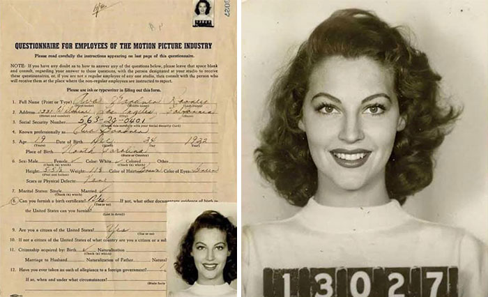 Vintage photography: employee questionnaire and a classic portrait of a smiling woman from the motion picture industry.