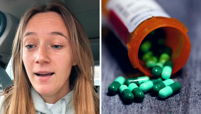 TikToker from New Zealand sharing culture shock experiences after relocating to the US, alongside spilled prescription pills.