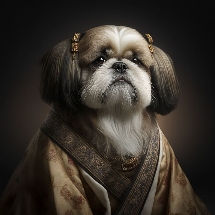 Shih Tzu in traditional ancient Chinese dynasty clothing, styled as a historical portrait with detailed fabric and accessories.