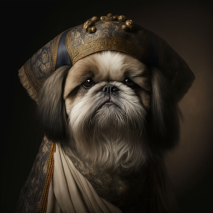 A Shih Tzu dog dressed in traditional ancient Chinese royal attire in a historical AI-created portrait.