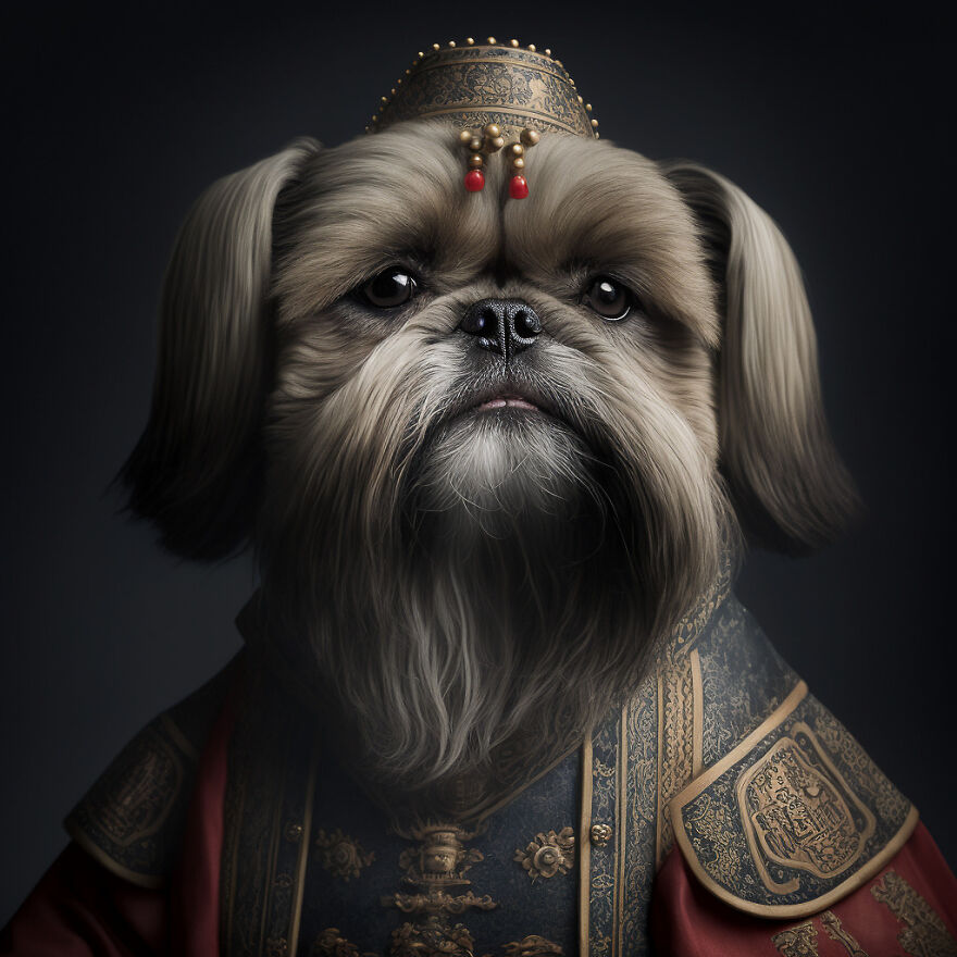 AI-created historical portrait of a Shih Tzu from the Ancient China dynasty wearing ornate royal attire and headdress.
