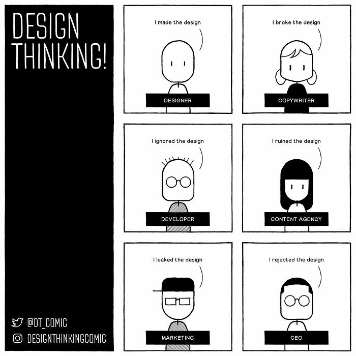 Comic illustrating everyday life and struggles as a product designer with roles like copywriter, developer, and CEO.