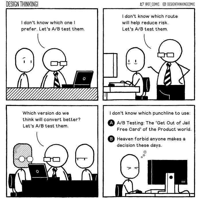 Comic strip showing product designers discussing A/B testing to solve everyday work struggles and decisions in product design.