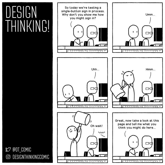 Comic strip illustrating everyday struggles of a product designer testing a sign-in process with humorous interactions.