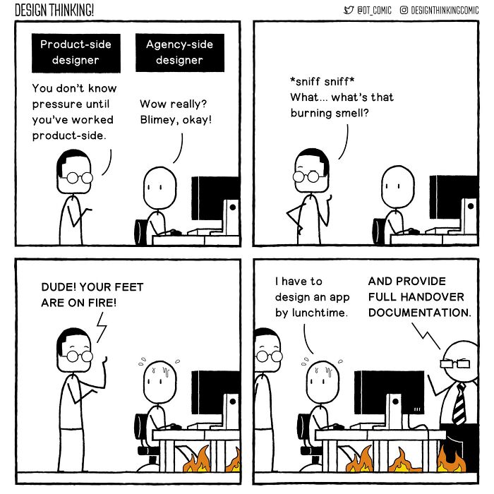 Comic strip showing a product designer under pressure with feet on fire, illustrating everyday life struggles as a product designer.