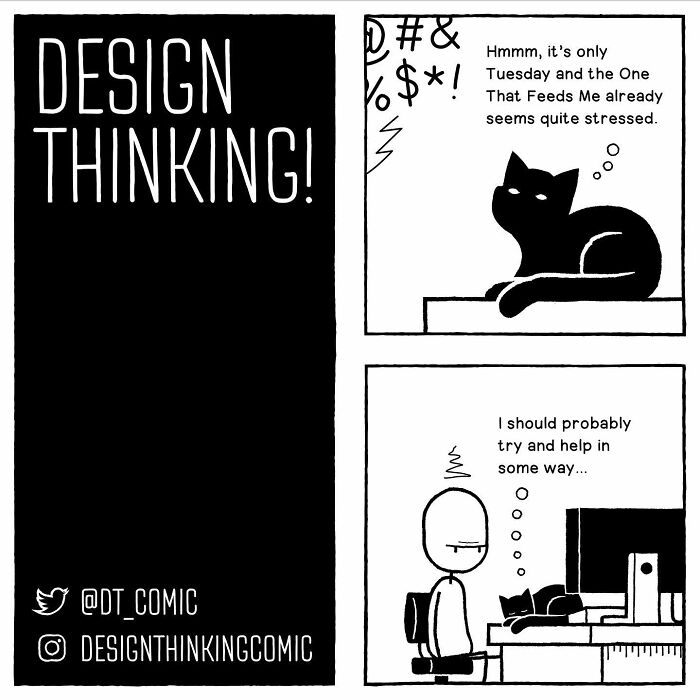 Comic panel showing product designer thinking about work stress while a cat rests on the desk, depicting everyday life struggles.