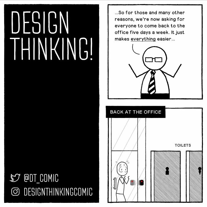 Comic strip showing a product designer's everyday life and struggles returning to the office with humor and simple drawings.