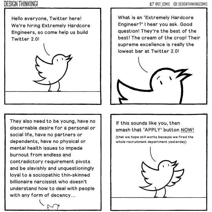 Comic strip humorously depicting everyday life and struggles as a product designer with job recruiting at Twitter 2.0.