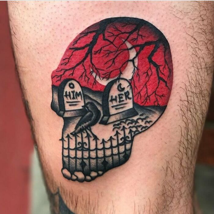 Optical illusion tattoo design featuring a red skull with grave markers and a raven.