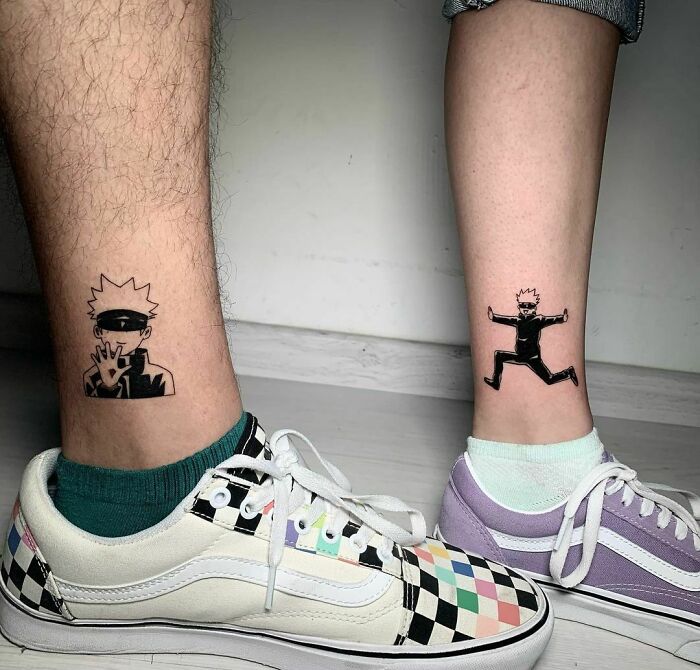 Brother and sister tattoos featuring anime characters on their ankles, paired with colorful shoes.