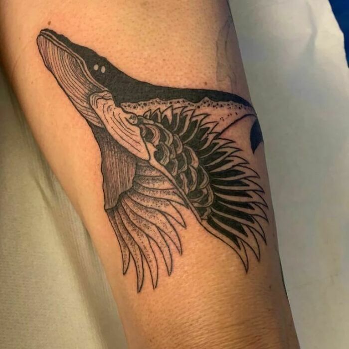 Optical illusion tattoo of a whale morphing into a bird with intricate wing details on an arm.