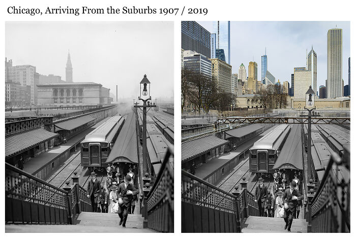 Side-by-side historical and recent images of Chicago train station showing how much things have changed over time.