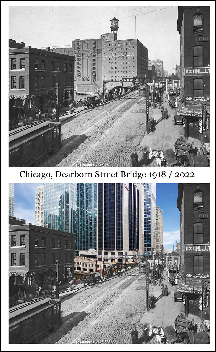 Combined historical and recent images of Chicago Dearborn Street Bridge showing how much things have changed over time.