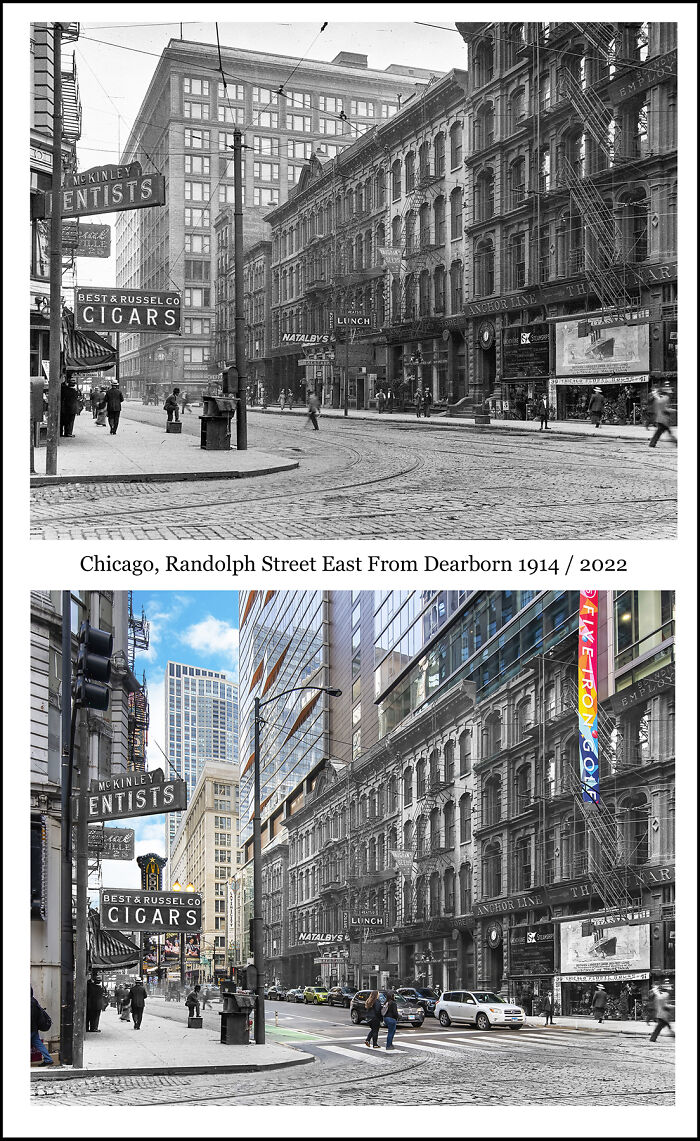 Chicago Randolph Street blending historical and recent images to show how much things have changed over time.