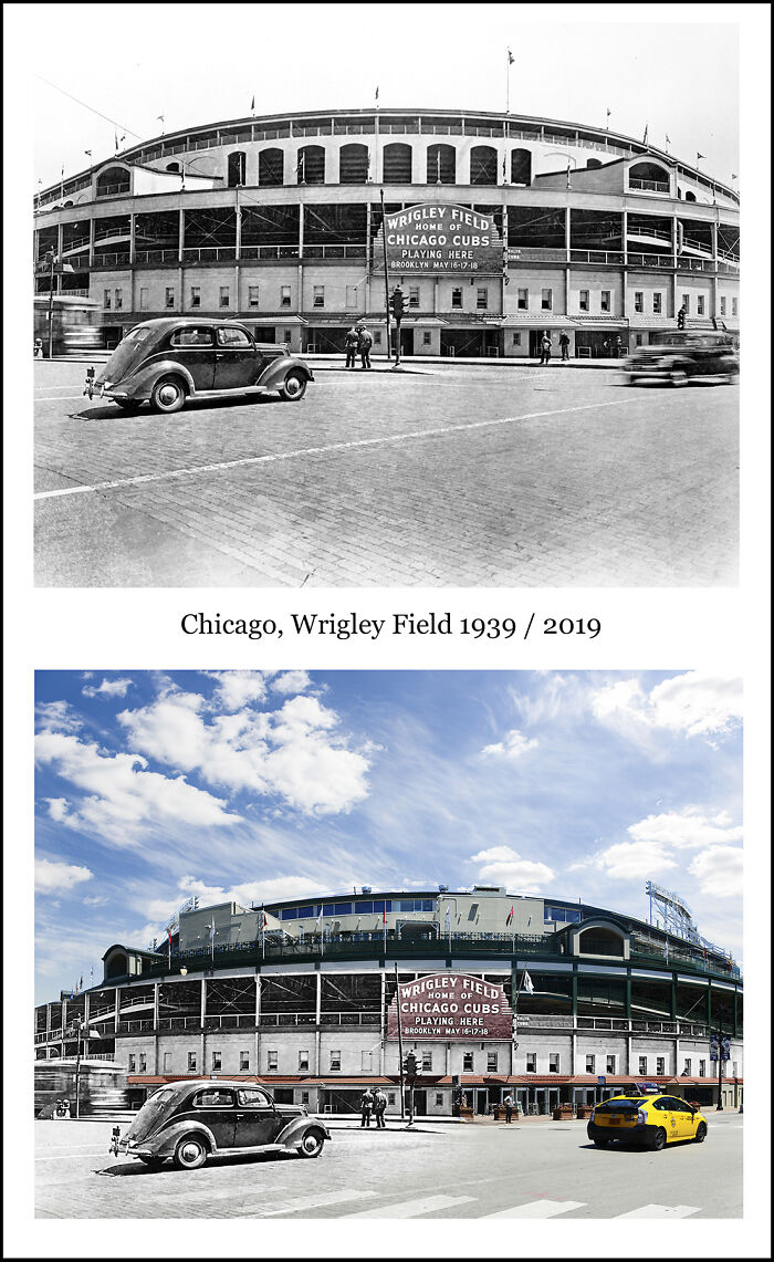 Historical images combined with recent photos of Wrigley Field, Chicago, showing how much things have changed over time.