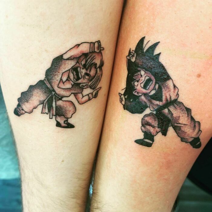 Brother and sister tattoos featuring characters from an anime, symbolizing connection and unity.