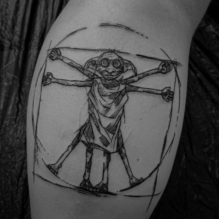 Tattoo of a wizarding world character inspired by the Vitruvian Man design.