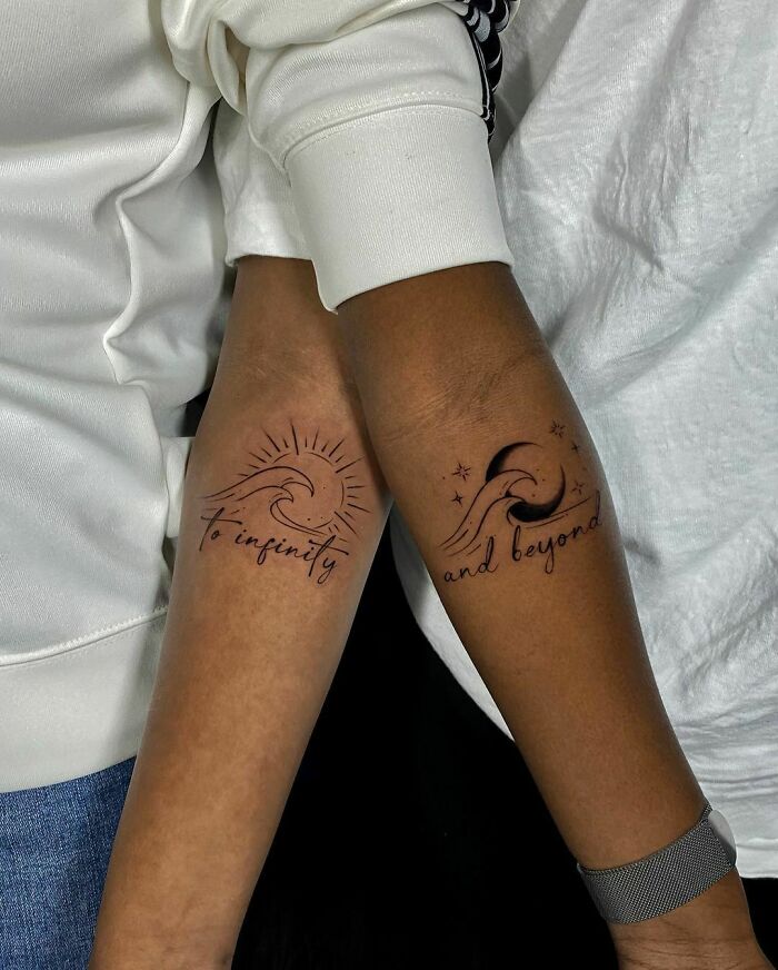 Brother and sister tattoos featuring waves with "To infinity" on one arm and "and beyond" on the other.