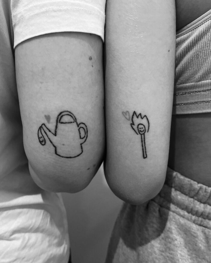 Brother and sister tattoos featuring a watering can and a happy flame with a heart on their arms.