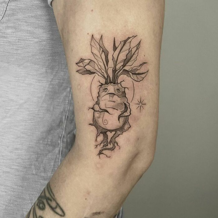 Mandrake tattoo on a person's arm, showcasing a detailed Harry Potter design.