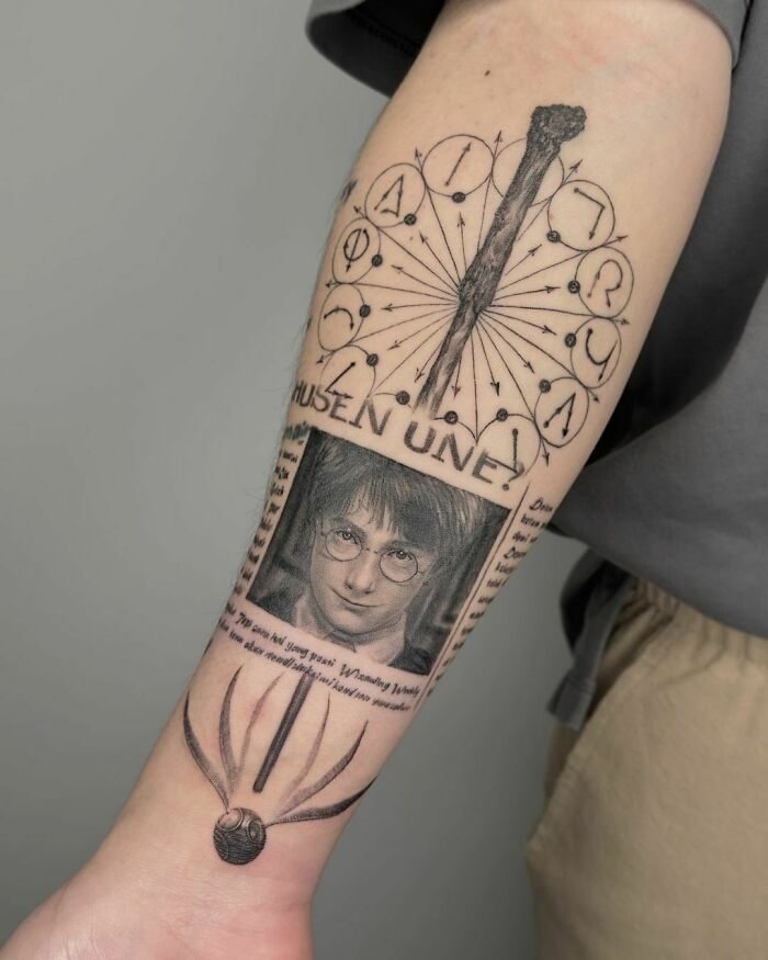 Harry Potter tattoo featuring a portrait, wand, and Golden Snitch on forearm.