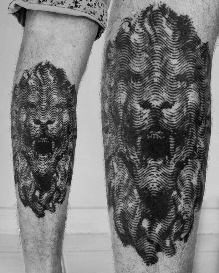 Optical illusion tattoos on legs creating a wavy pattern that tricks the eyes.