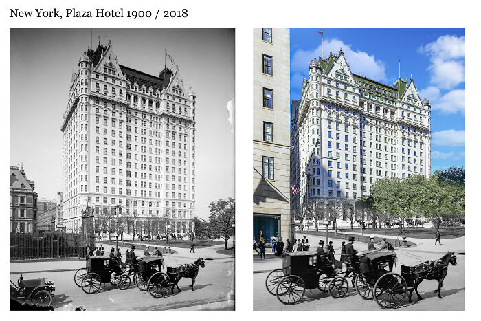 New York Plaza Hotel in 1900 and 2018 combined to show how historical images contrast with recent ones.