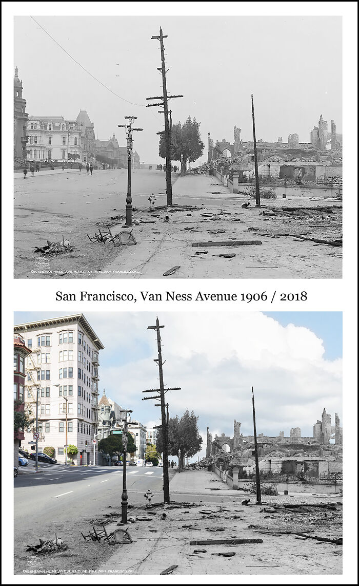 San Francisco Van Ness Avenue combined historical image from 1906 and recent 2018 photo showing changes over time.