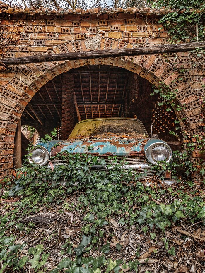 Rusty classic car covered in ivy inside an abandoned factory with crumbling brick archway and overgrown plants.