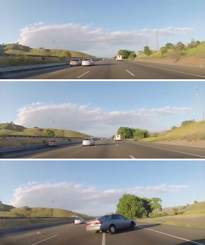 Road Raging Camry Fake Swerves Into Hyundai But Over-Corrects, Crashing Into Barrier