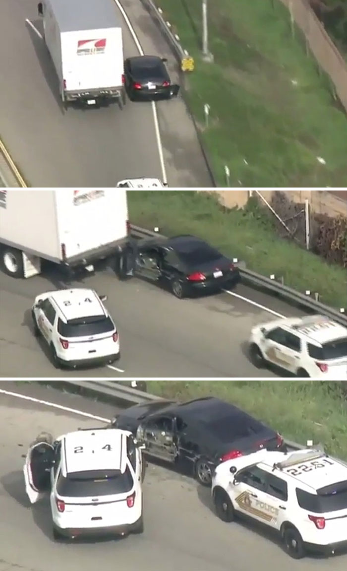 Trying To Squeeze Past A Truck While Being Chased By The Cops