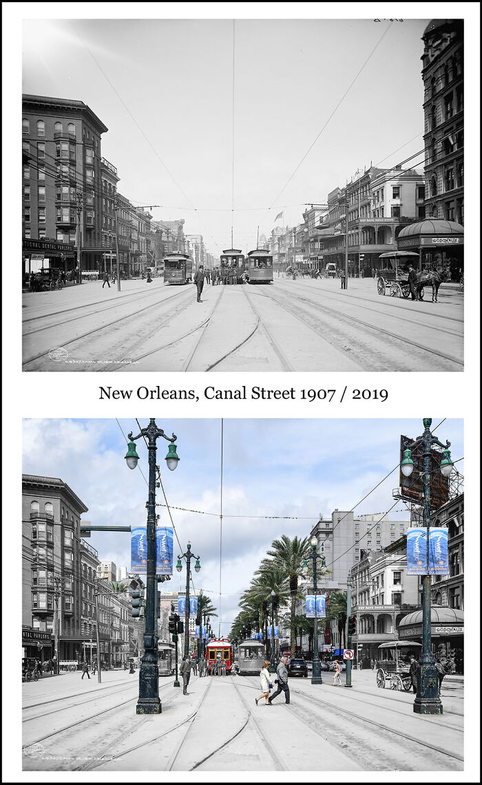 New Orleans Canal Street 1907 and 2019 comparison showing historical images combined with recent ones highlighting changes.