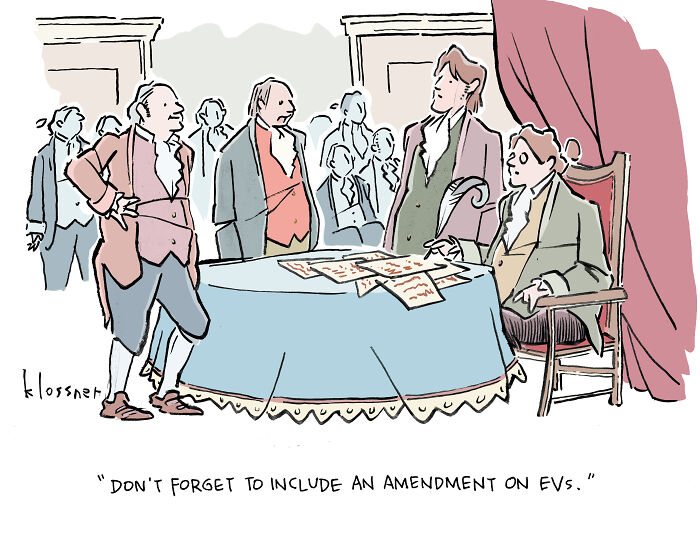 One-panel cartoon from a non-profit addressing climate change with characters discussing an amendment on EVs.